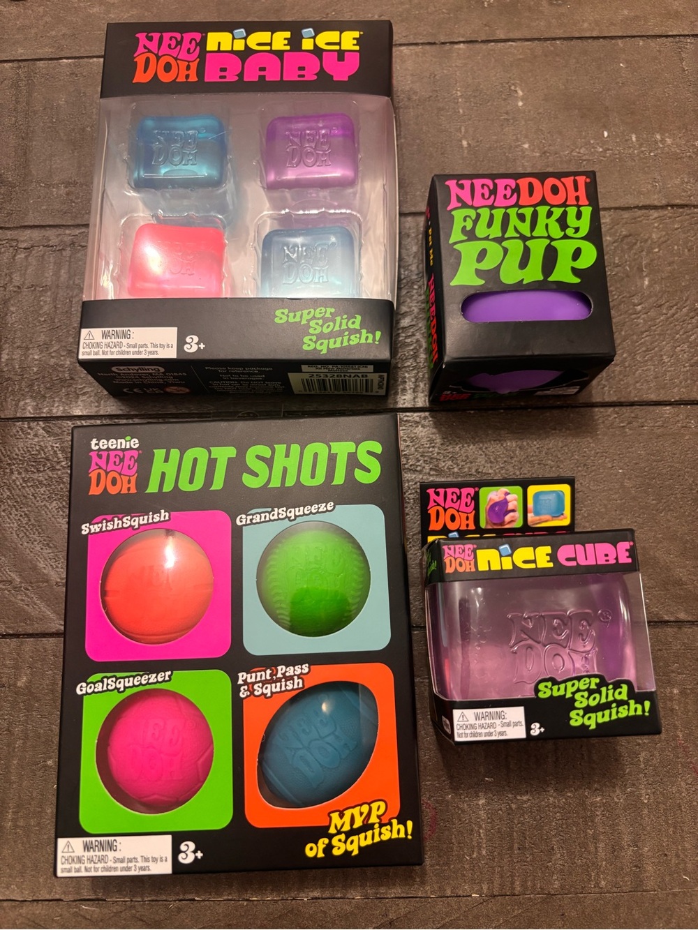 Authentic NeeDoh Lot of 4 Nice Cube Hot Shots Funky Pup Nice Ice Baby NEW